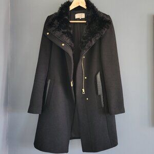 Zara Wool Blend Funnel Neck Coat with Faux Fur - Medium